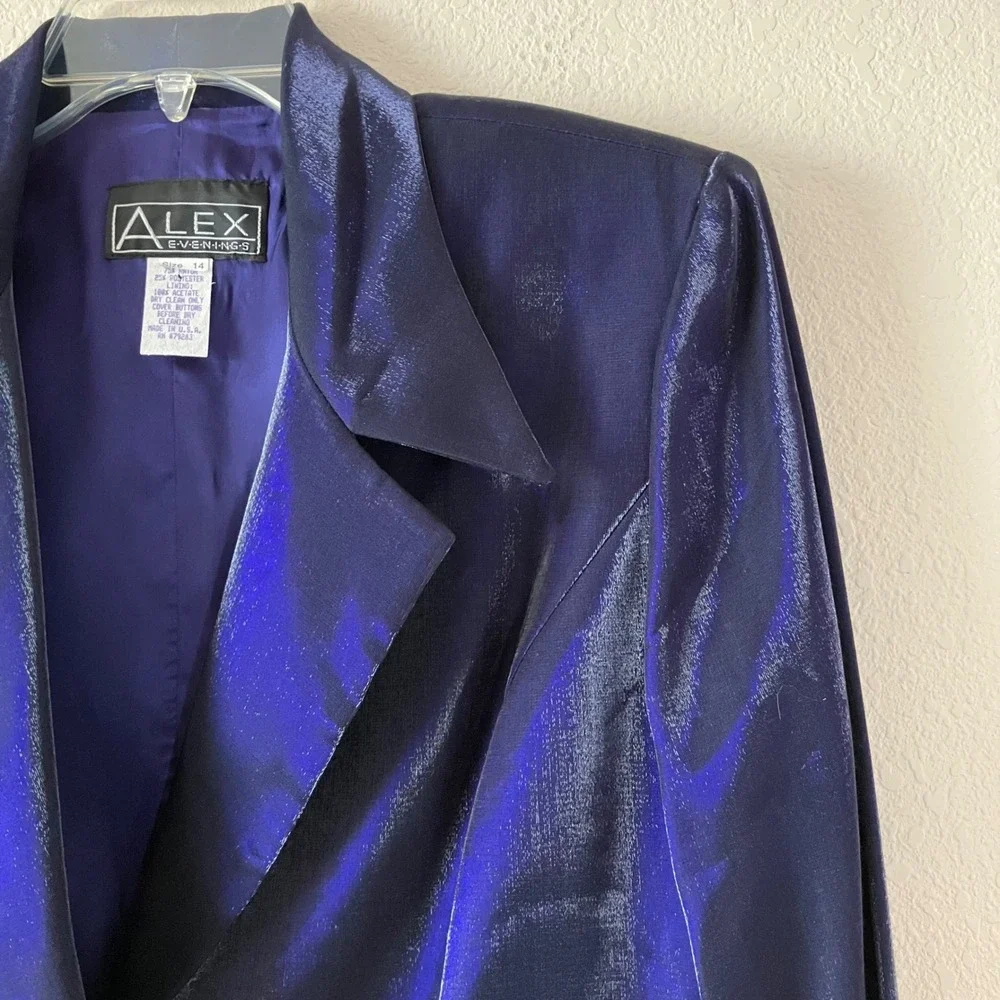 ALEX EVENINGS 2 Pc Dress Suit 14 NEW Sapphire Metallic Taffeta Rhinestone Button
